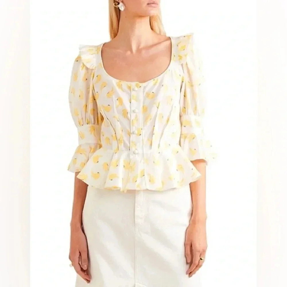 ANNA MASON Rosi Blouse White & Yellow‎ Banana Ruffle Button Down Medium